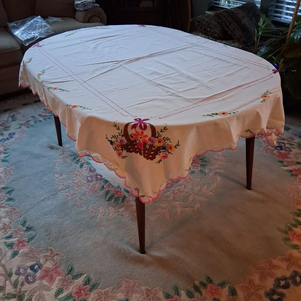 Vintage 1950s Hand Embroidered Easter Basket Tablecloth 72x53 w/ Crochet Trim